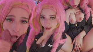 Mitsuri kanroji cosplayben élvezi a fasznak a lyukait és bazinagy arconlövellést kap